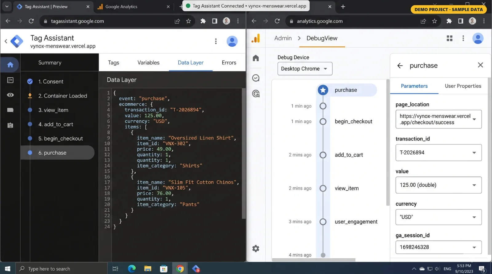 Event tracking check (Tag Assistant + DebugView) (demo, sample data)